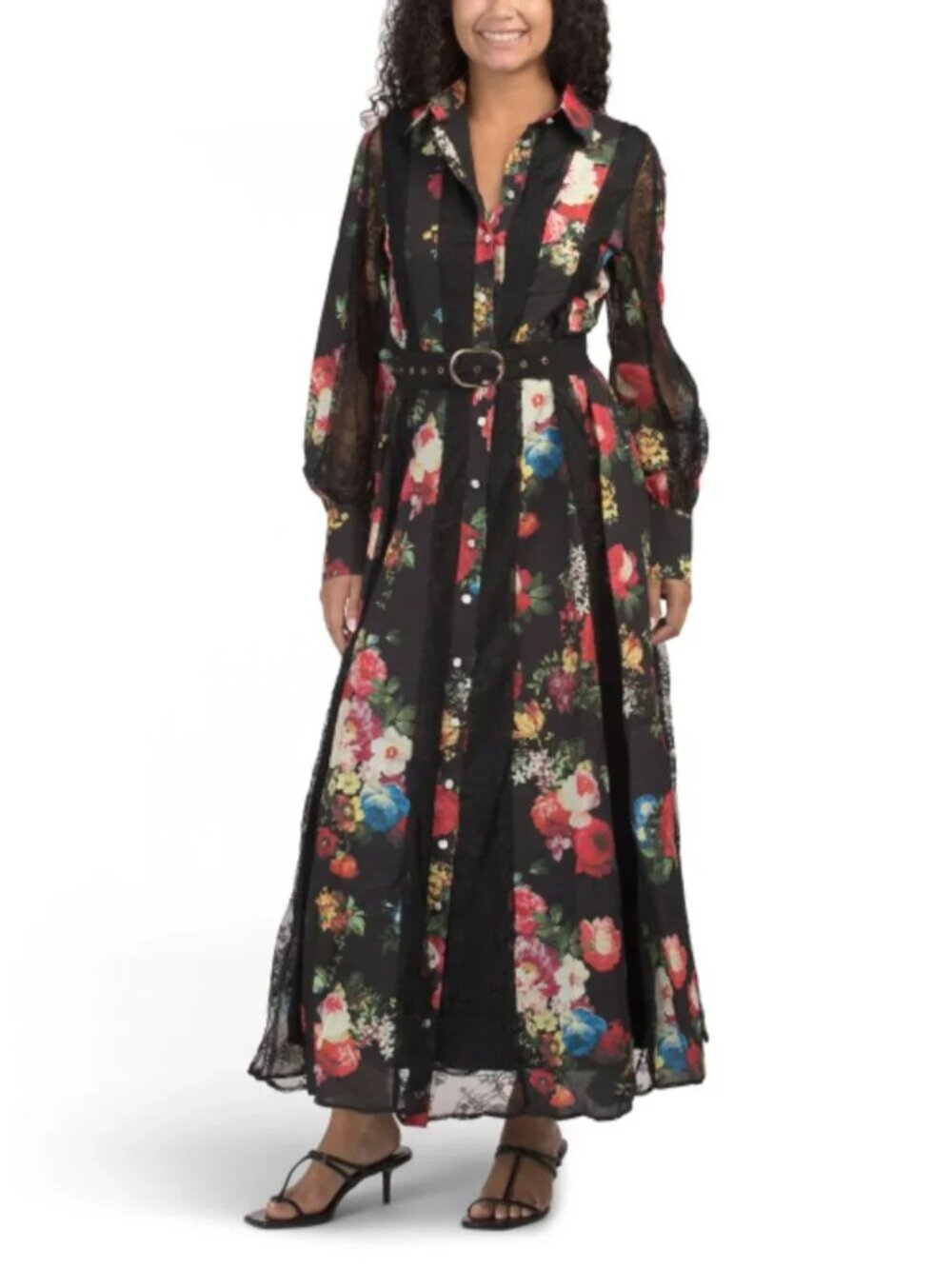 DALIA MACPHEE Goth Long Sleeve Floral Lace Trim Maxi Dress With Belted Button